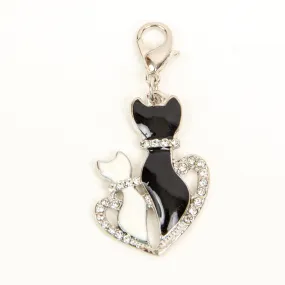 Elegant Cat Charm with Two Enamel Cats in Rhinestone Heart