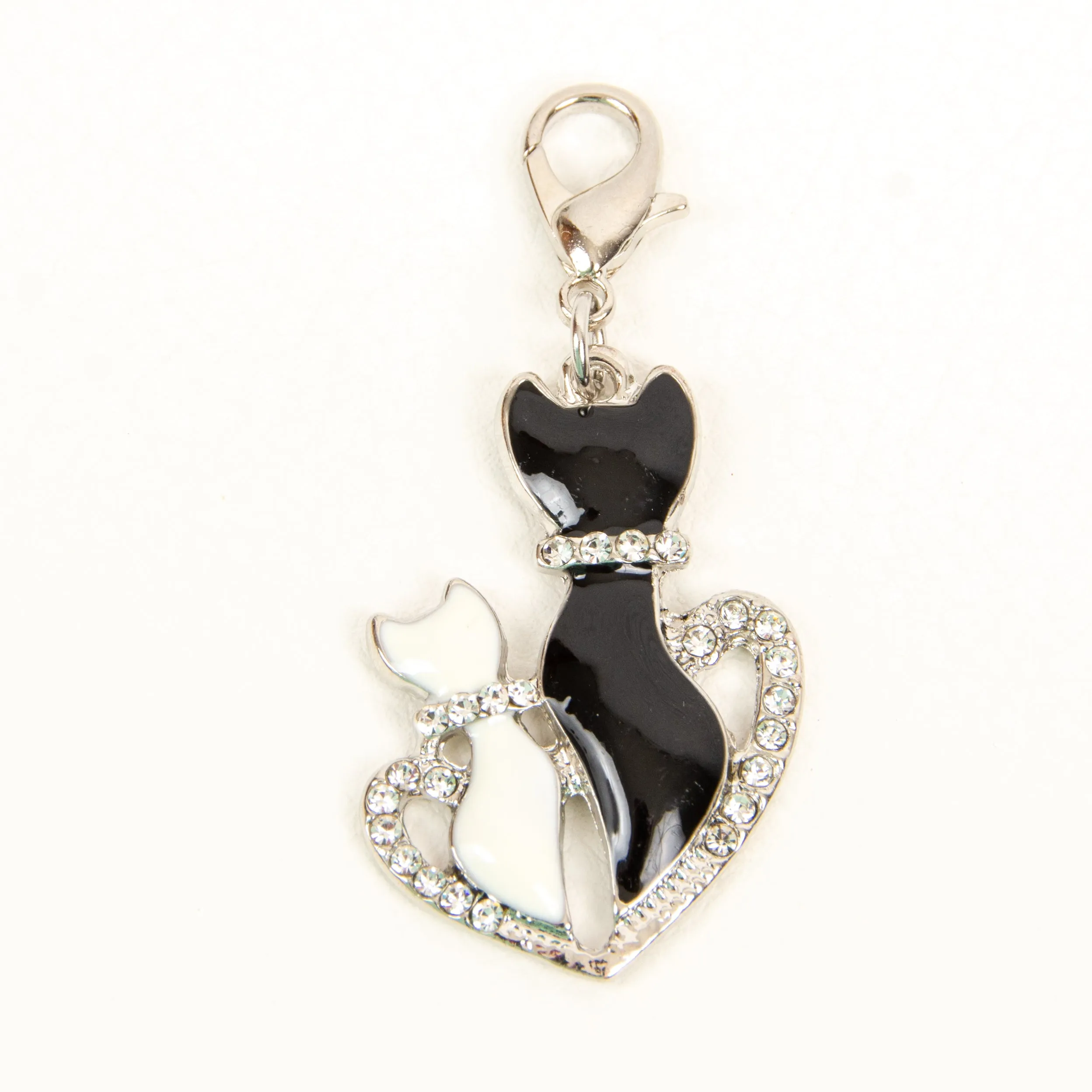 Elegant Cat Charm with Two Enamel Cats in Rhinestone Heart