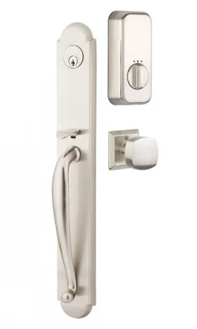 Emtek Single Cylinder Wilmington Handleset EMPowered Motorized Smart Lock Upgrade With Select L-Square White Marble Lever