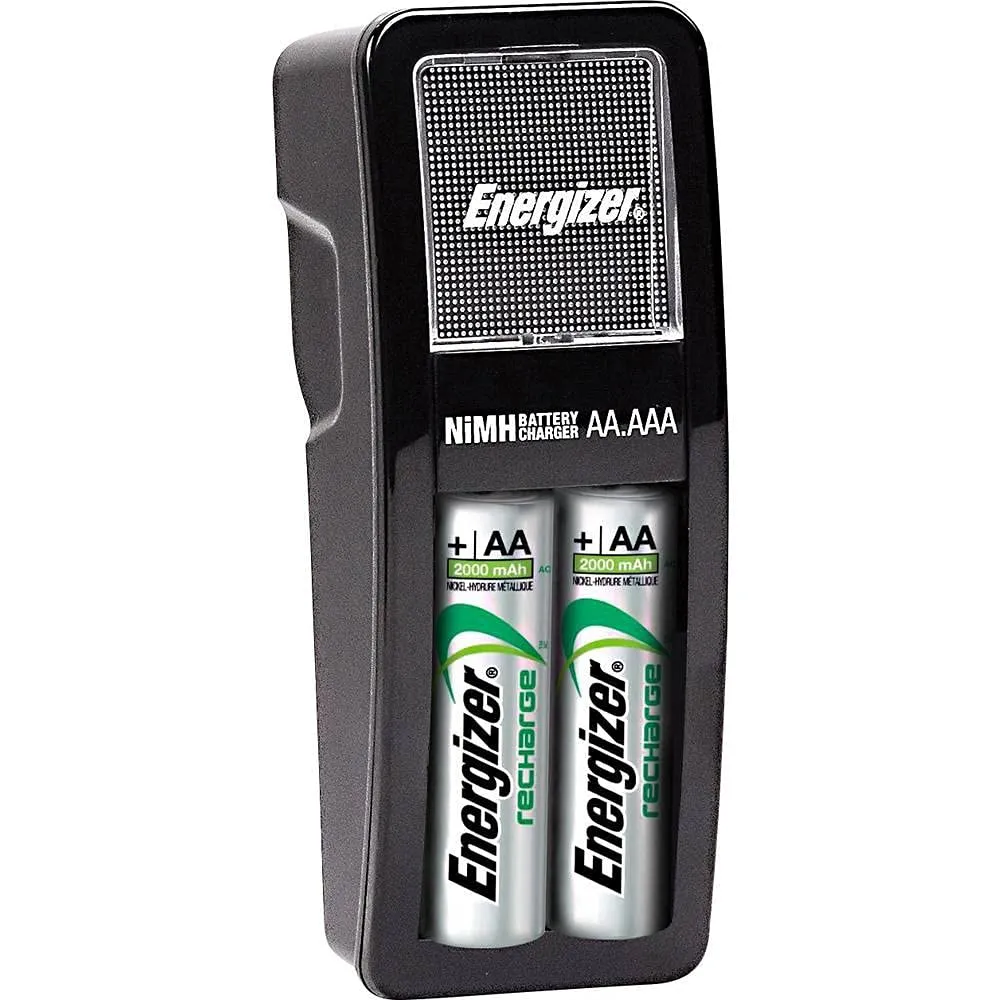 Energizer Rechargeable Mini 2-Bay AA 1300mAh / AAA Battery Charger with EU Plug, LED Status Indicator, and Automatic Shut Off System