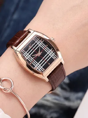 Fashion Barrel-shaped Leather&Steel Strap Women's Watch