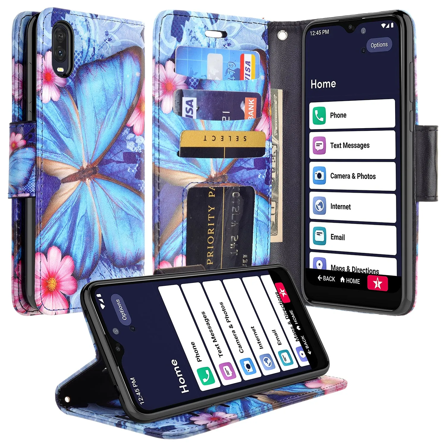 For Alcatel Jitterbug Smart3 Case, Lively Smart Wallet Case, Wrist Strap Pu Leather Wallet Case [Kickstand] with ID & Credit Card Slots - Blue Butterfly