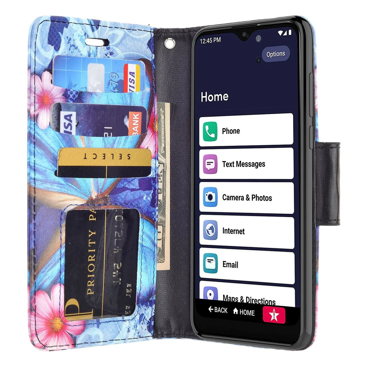 For Alcatel Jitterbug Smart3 Case, Lively Smart Wallet Case, Wrist Strap Pu Leather Wallet Case [Kickstand] with ID & Credit Card Slots - Blue Butterfly