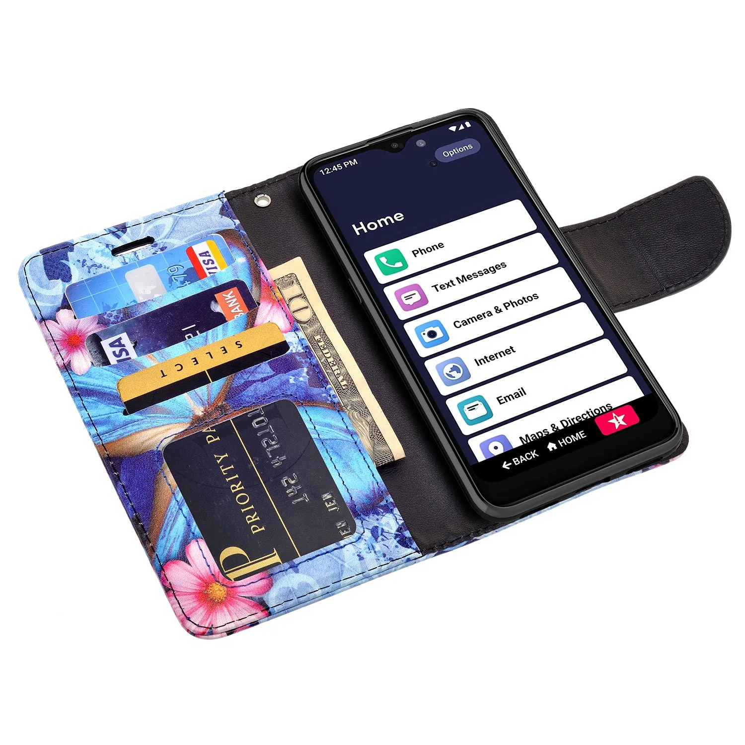 For Alcatel Jitterbug Smart3 Case, Lively Smart Wallet Case, Wrist Strap Pu Leather Wallet Case [Kickstand] with ID & Credit Card Slots - Blue Butterfly