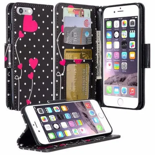 For Apple iPhone 7 Plus Case, Wrist Strap Pu Leather Magnetic Flip Fold[Kickstand] Wallet Case with ID & Card Slots for Iphone 7 Plus - Polka Dots Hearts