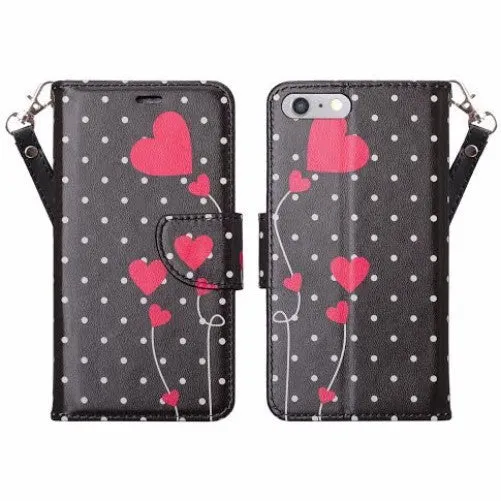 For Apple iPhone 7 Plus Case, Wrist Strap Pu Leather Magnetic Flip Fold[Kickstand] Wallet Case with ID & Card Slots for Iphone 7 Plus - Polka Dots Hearts