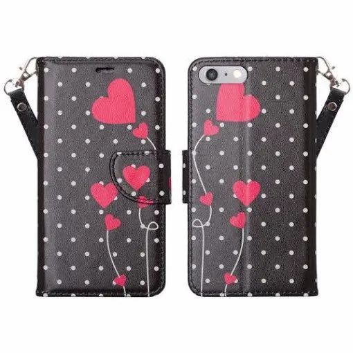 For Apple iPhone 8 Case,  Wrist Strap Pu Leather Magnetic Flip Fold[Kickstand] Wallet Case with ID & Card Slots for iPhone 8 - Polka Dots Hearts