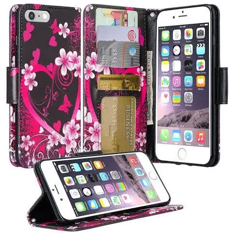 For Apple iPhone 8 Plus Case, Wrist Strap Pu Leather Magnetic Flip Fold[Kickstand] Wallet Case with ID & Card Slots for iPhone 8 Plus - Heart Butterflies