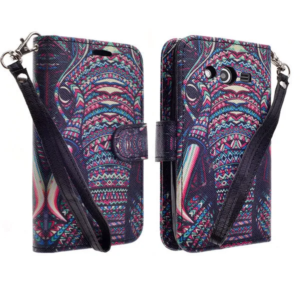 Galaxy Avant Case, Wrist Strap Magnetic Fold[Kickstand] Pu Leather Wallet Case with ID & Credit Card Slots for Galaxy Avant/G386T - Tribal Elephant