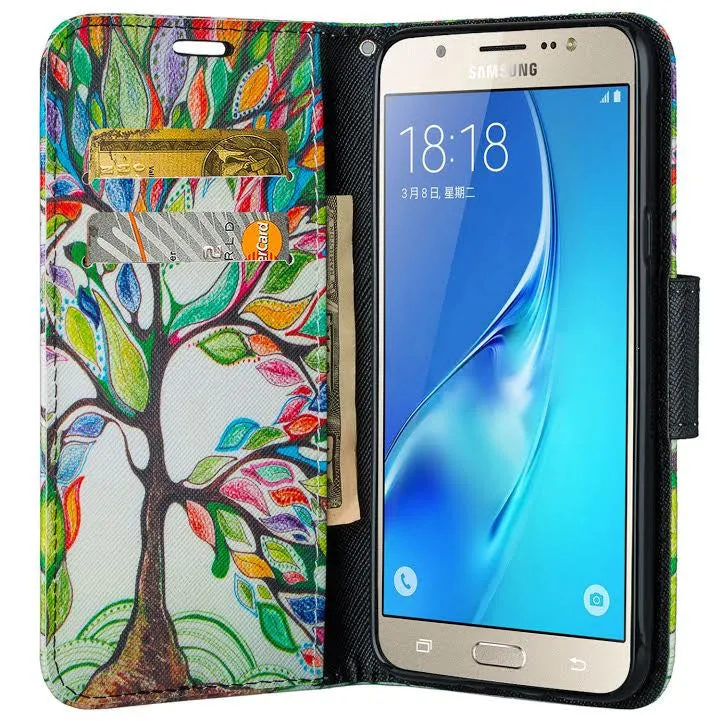 Galaxy J7 Case, Samsung Galaxy J7 Wallet Case, Wrist Strap Flip Folio [Kickstand Feature] Pu Leather Wallet Case with ID&Credit Card Slot For Galaxy J7, Colorful Tree