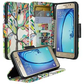 Galaxy J7 Case, Samsung Galaxy J7 Wallet Case, Wrist Strap Flip Folio [Kickstand Feature] Pu Leather Wallet Case with ID&Credit Card Slot For Galaxy J7, Colorful Tree