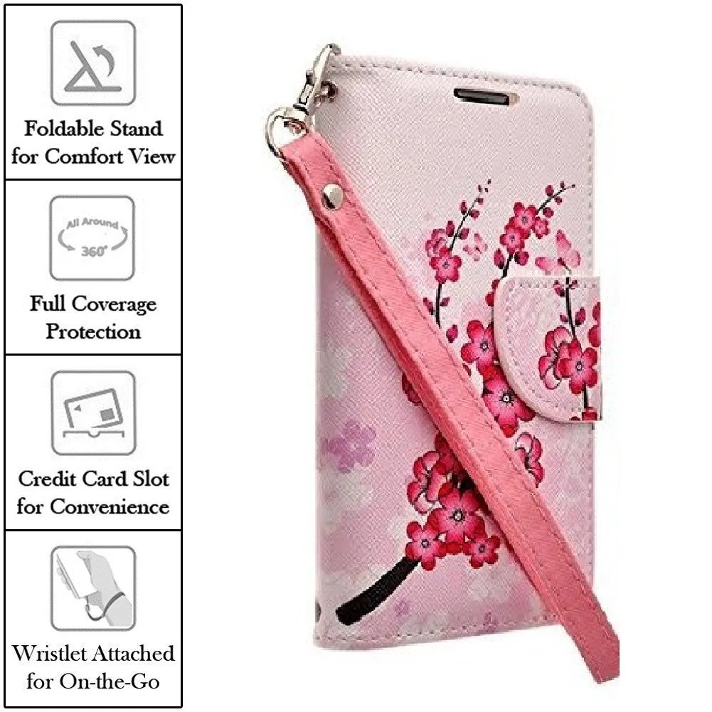 Galaxy Note 3 Case, Wrist Strap Pu Leather Magnetic Fold[Kickstand] Wallet Case with ID & Card Slots for Samsung Galaxy Note 3 - Cherry Blossom