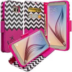 Galaxy Note 5 Case, Wrist Strap Magnetic Fold[Kickstand] Pu Leather Wallet Case with ID & Credit Card Slots for Samsung Galaxy Note 5 - Hot Pink Anchor