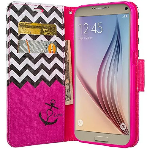 Galaxy Note 5 Case, Wrist Strap Magnetic Fold[Kickstand] Pu Leather Wallet Case with ID & Credit Card Slots for Samsung Galaxy Note 5 - Hot Pink Anchor