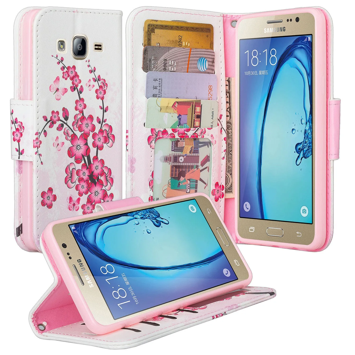 Galaxy On5 Case, Samsung Galaxy On5 Wallet Case, Wrist Strap Flip Folio[Kickstand Feature] Pu Leather Wallet Case with ID & Credit Card Slots For Galaxy On5 - Cherry Blossom