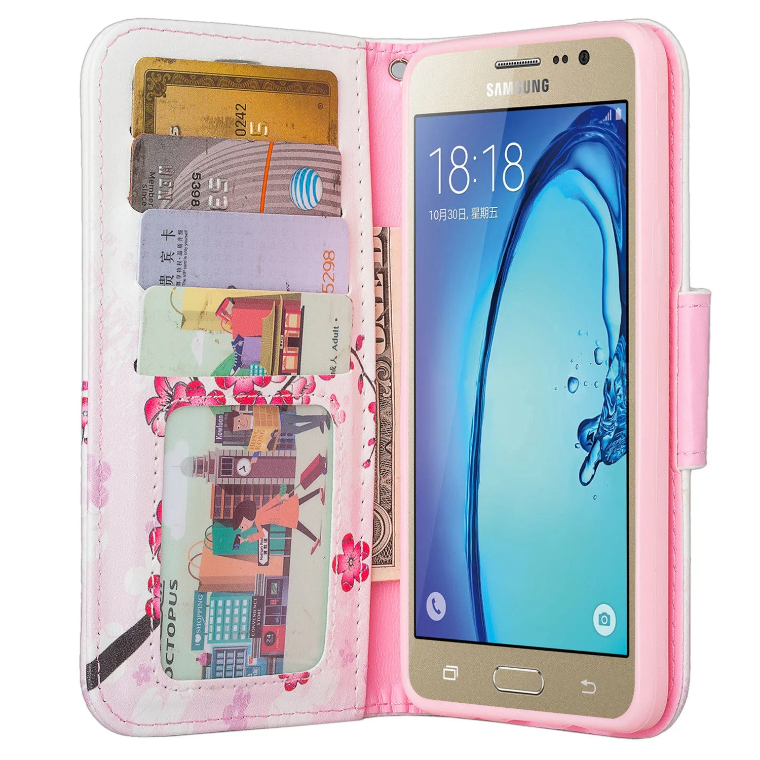 Galaxy On5 Case, Samsung Galaxy On5 Wallet Case, Wrist Strap Flip Folio[Kickstand Feature] Pu Leather Wallet Case with ID & Credit Card Slots For Galaxy On5 - Cherry Blossom