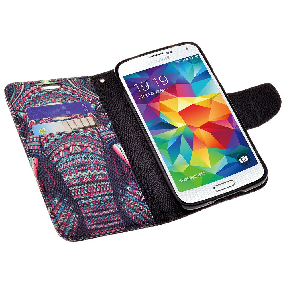 Galaxy S5 Case, Wrist Strap Pu Leather Magnetic Fold[Kickstand] Wallet Case with ID & Card Slots for Samsung Galaxy S5 - Tribal Elephant