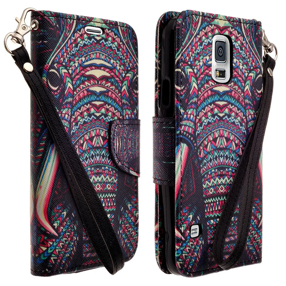 Galaxy S5 Case, Wrist Strap Pu Leather Magnetic Fold[Kickstand] Wallet Case with ID & Card Slots for Samsung Galaxy S5 - Tribal Elephant