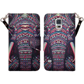 Galaxy S5 Case, Wrist Strap Pu Leather Magnetic Fold[Kickstand] Wallet Case with ID & Card Slots for Samsung Galaxy S5 - Tribal Elephant