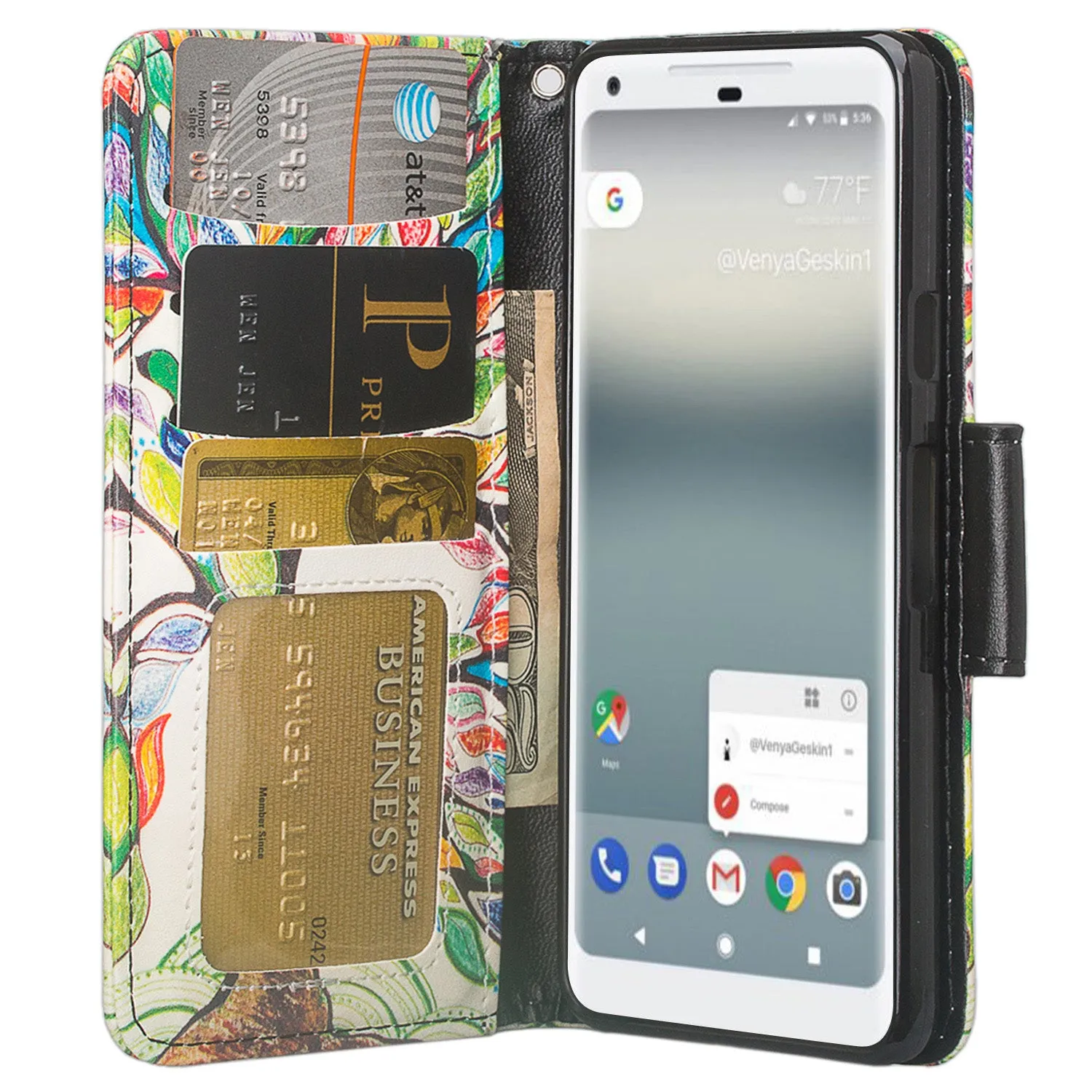 Google Pixel 2 Case, Pixel 2 Case, Slim Flip Folio [Kickstand] Pu Leather Wallet Case with ID & Card Slots & Pocket   Wrist Strap - Vibrant Tree