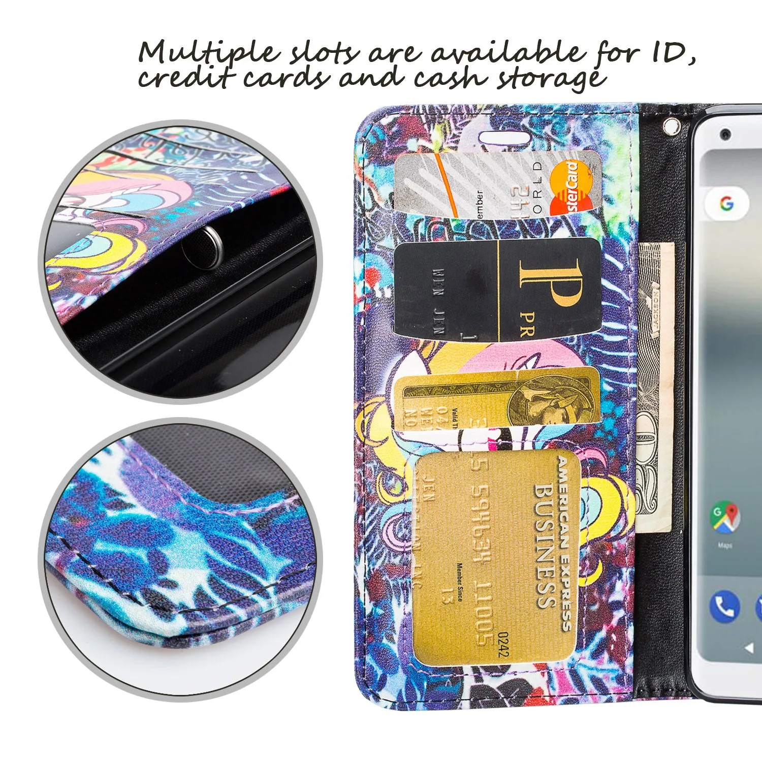 Google Pixel 2 XL Case, Pixel 2 XL Case, Slim Flip Folio [Kickstand] Pu Leather Wallet Case with ID & Card Slots & Pocket   Wrist Strap - Rainbow Unicorn