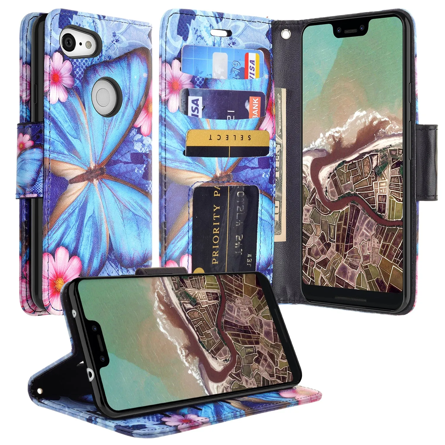 Google Pixel 3a XL Case, Pixel 3a XL Wallet Case, Wrist Strap Pu Leather Wallet Case [Kickstand] with ID & Credit Card Slots - Blue Butterfly