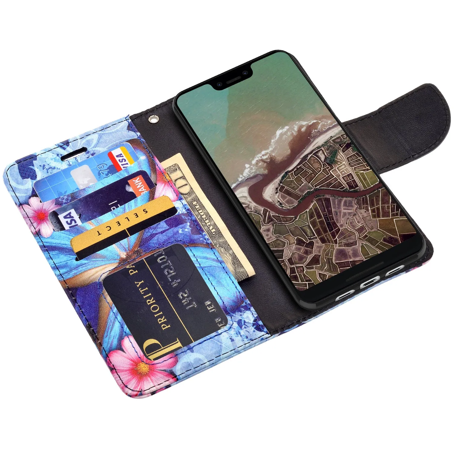 Google Pixel 3a XL Case, Pixel 3a XL Wallet Case, Wrist Strap Pu Leather Wallet Case [Kickstand] with ID & Credit Card Slots - Blue Butterfly