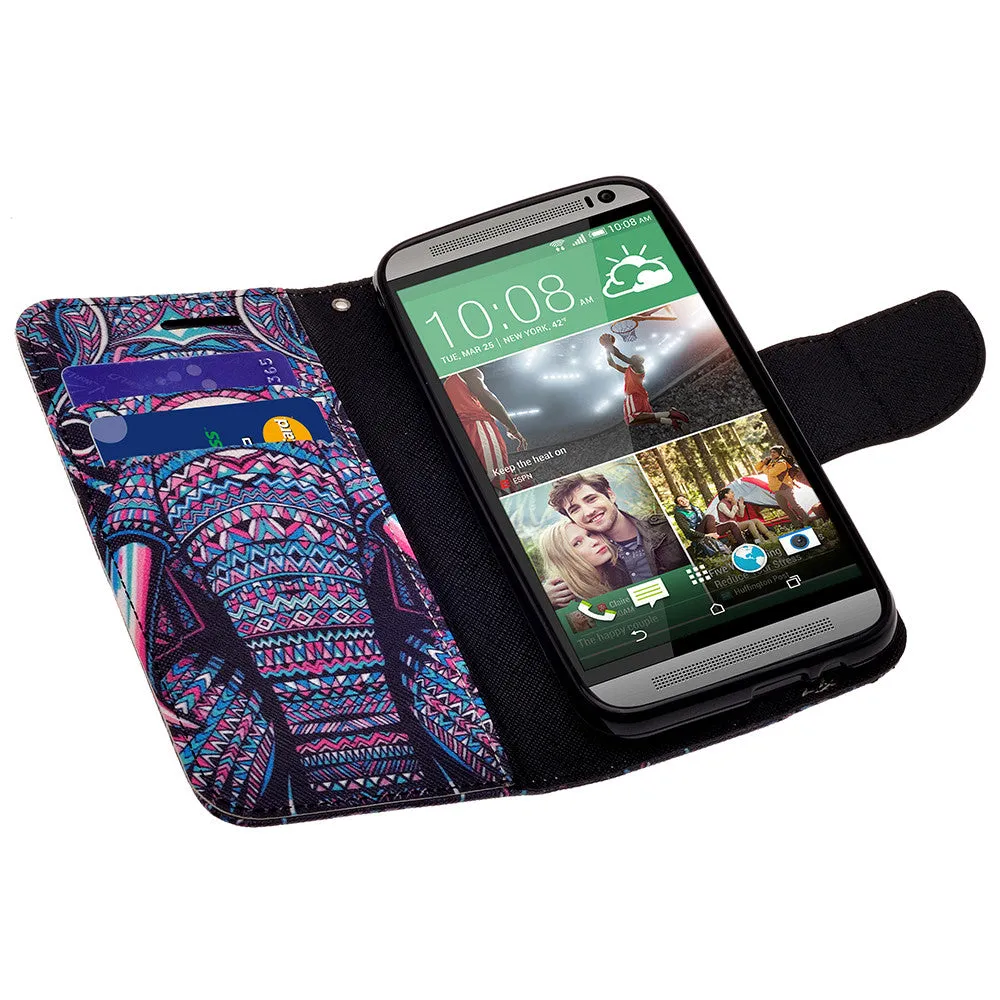 HTC One M9 Case, Wrist Strap Magnetic Flip Fold[Kickstand] Pu Leather Wallet Case with ID & Card Slots - Tribal Elephant