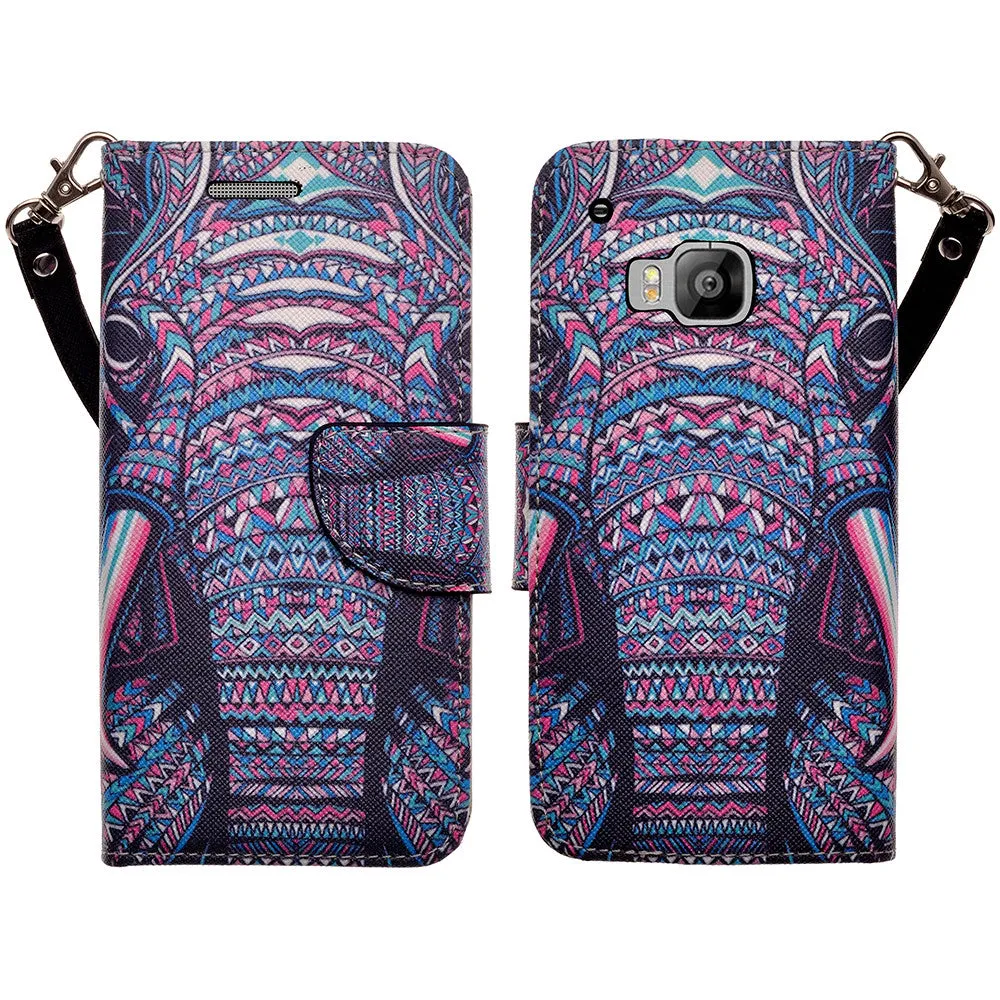 HTC One M9 Case, Wrist Strap Magnetic Flip Fold[Kickstand] Pu Leather Wallet Case with ID & Card Slots - Tribal Elephant