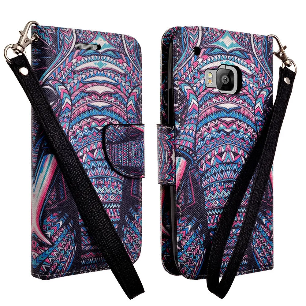 HTC One M9 Case, Wrist Strap Magnetic Flip Fold[Kickstand] Pu Leather Wallet Case with ID & Card Slots - Tribal Elephant