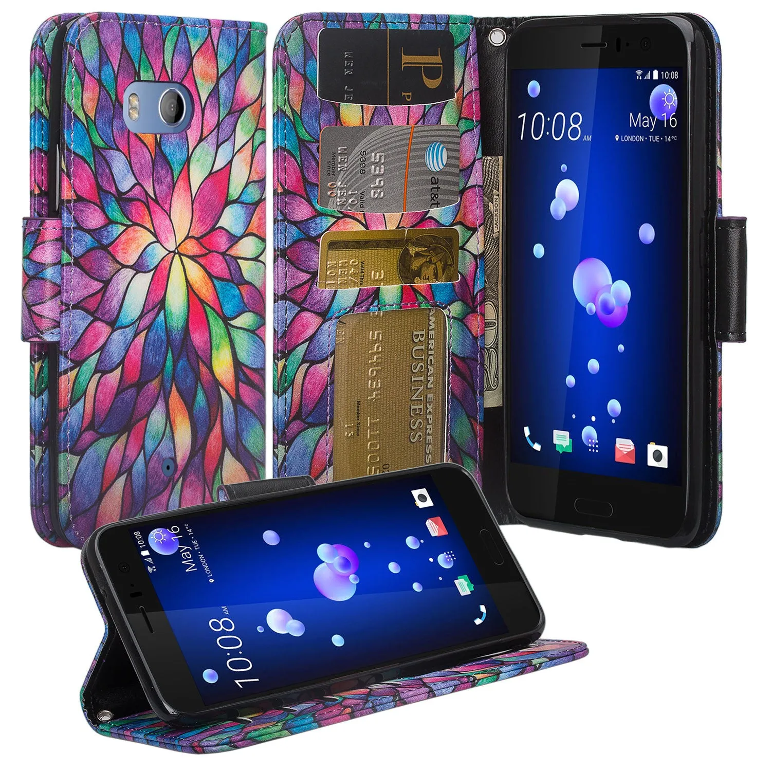 HTC U11 Case, U11 Wallet Case, Wrist Strap Pu Leather Wallet Case [Kickstand] with ID & Credit Card Slots - Rainbow Flower