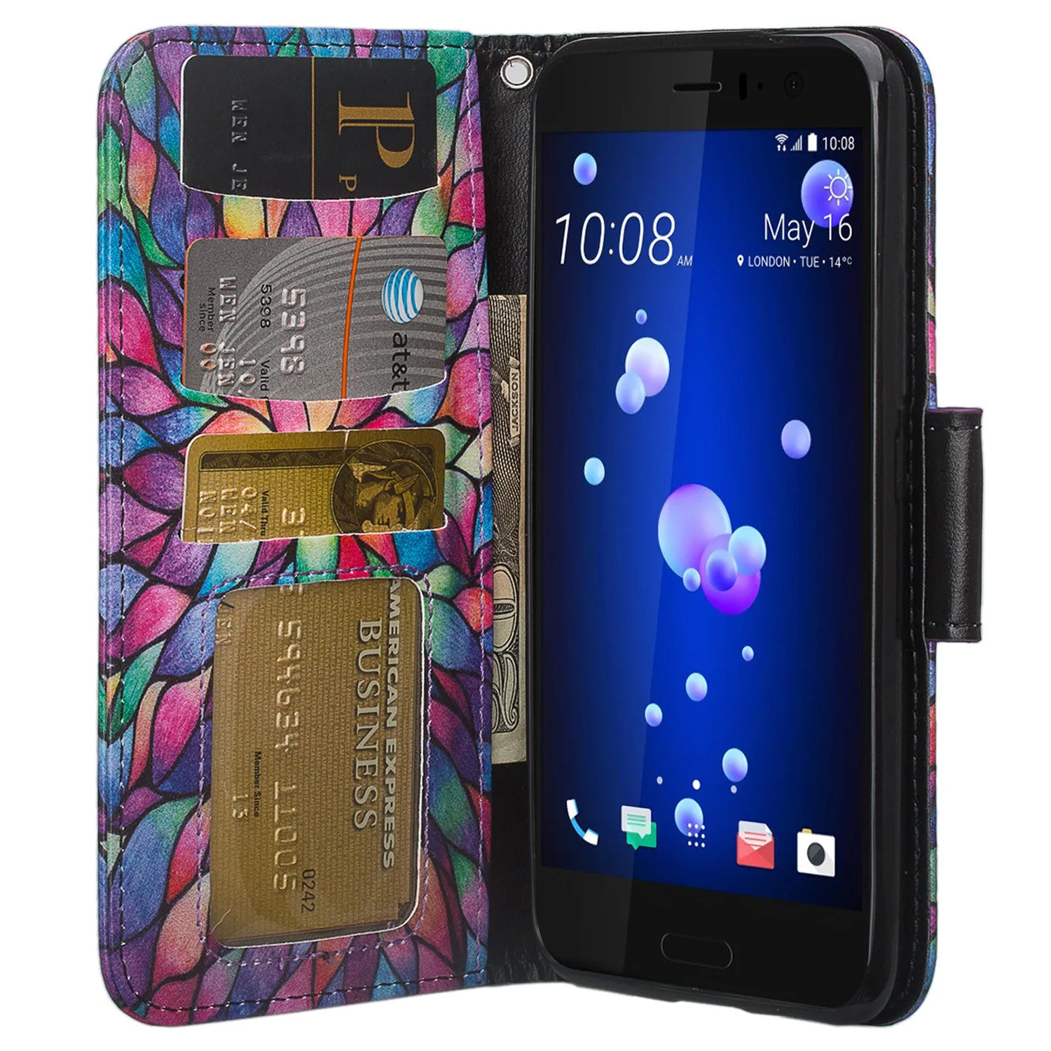 HTC U11 Case, U11 Wallet Case, Wrist Strap Pu Leather Wallet Case [Kickstand] with ID & Credit Card Slots - Rainbow Flower