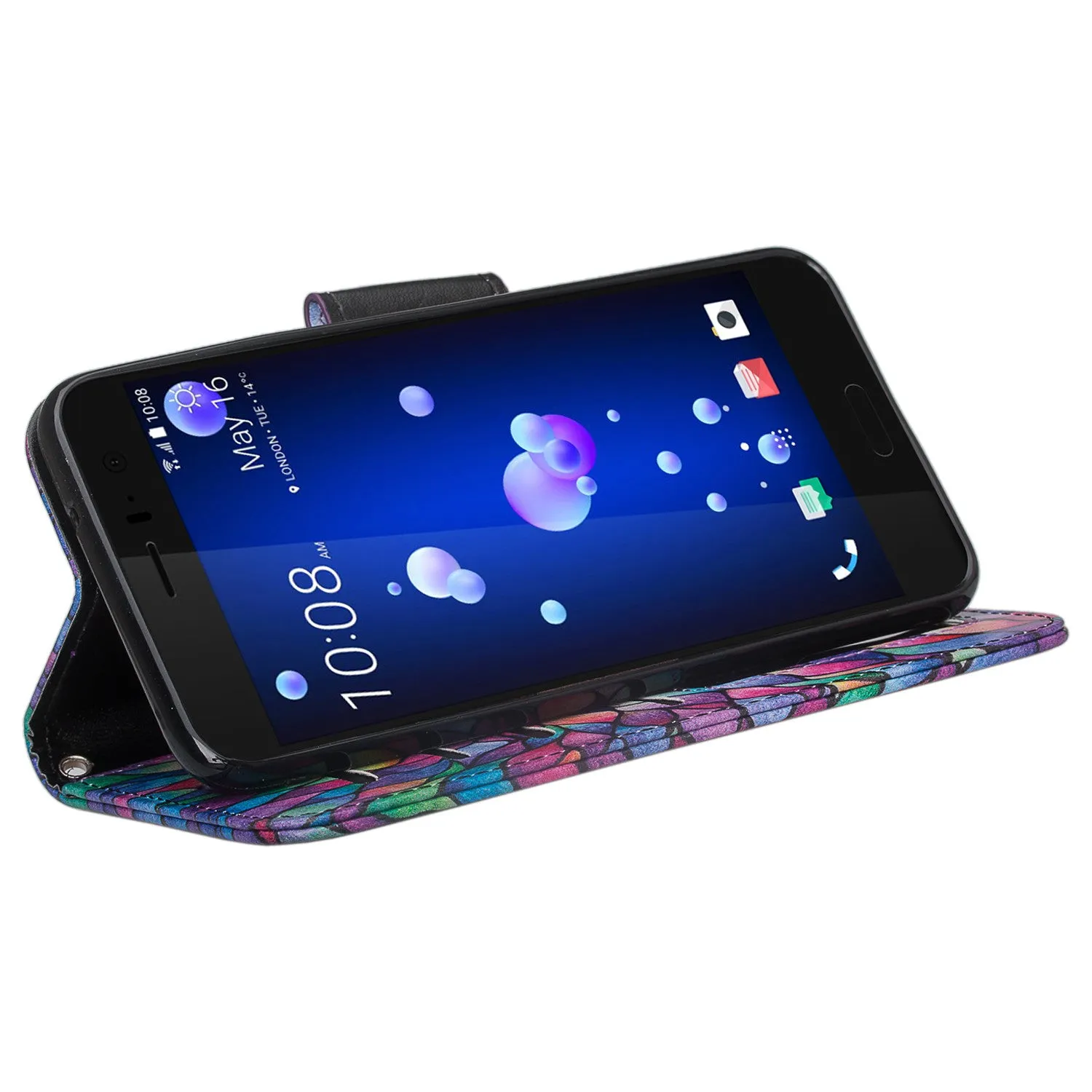 HTC U11 Case, U11 Wallet Case, Wrist Strap Pu Leather Wallet Case [Kickstand] with ID & Credit Card Slots - Rainbow Flower