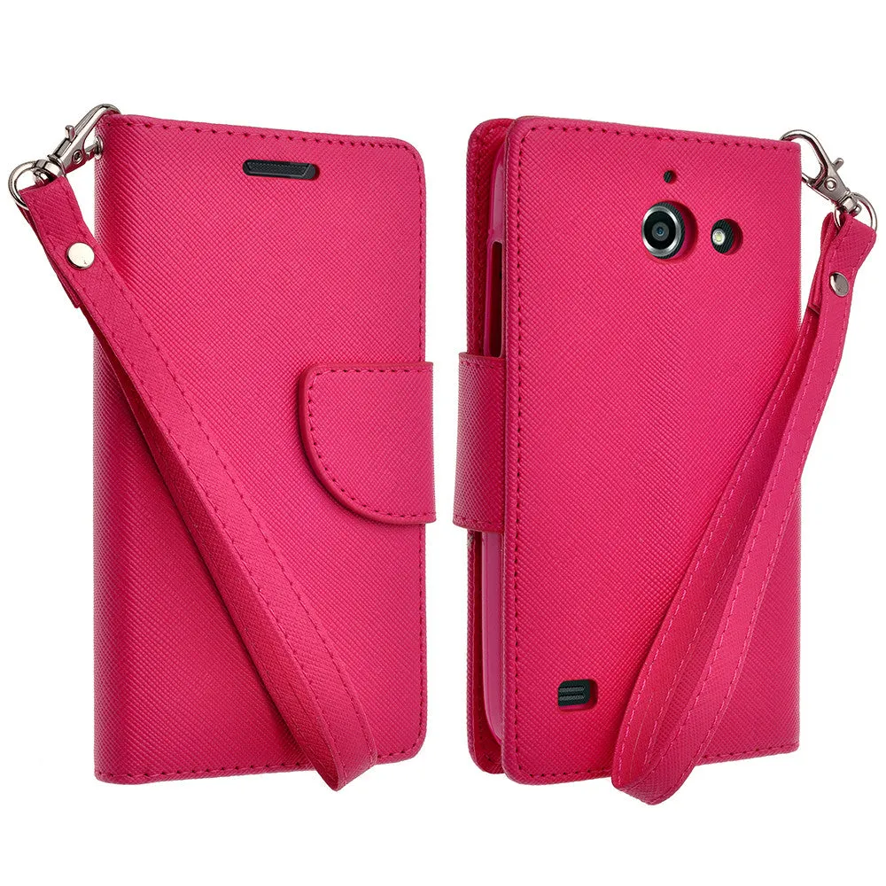 Huawei Fusion3 | Huawei Tribute | Huawei Y536a Cases, Wrist Strap Flip Folio [Kickstand Feature] Pu Leather Wallet Case with ID & Credit Card Slots - Hot Pink