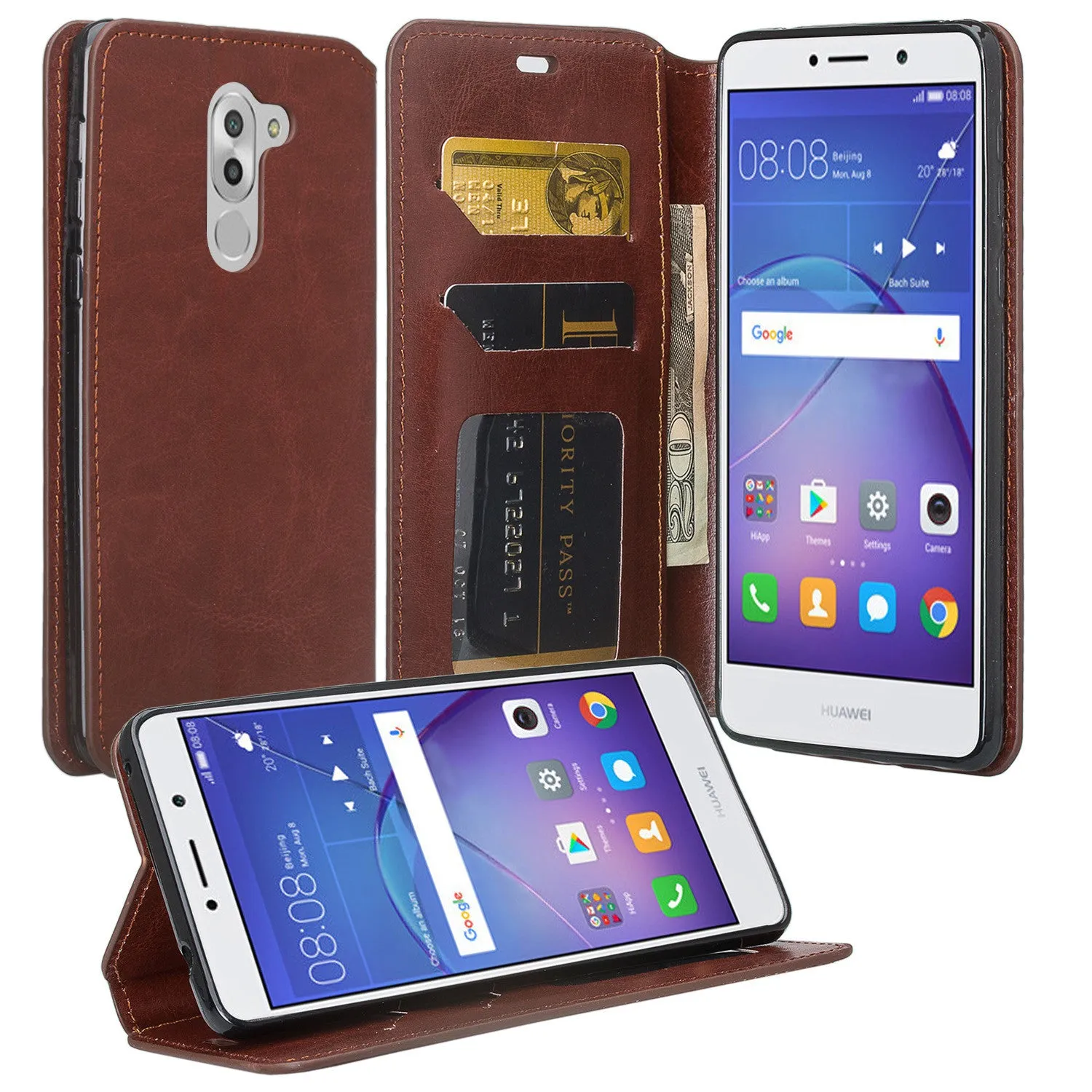 Huawei Honor 6X Case, Mate 9 Lite, GR5 2017 Slim Magnetic Flip Fold[Kickstand] Pu Leather Wallet Case with ID & Credit Card Slots for Mate 9 Lite - Brown