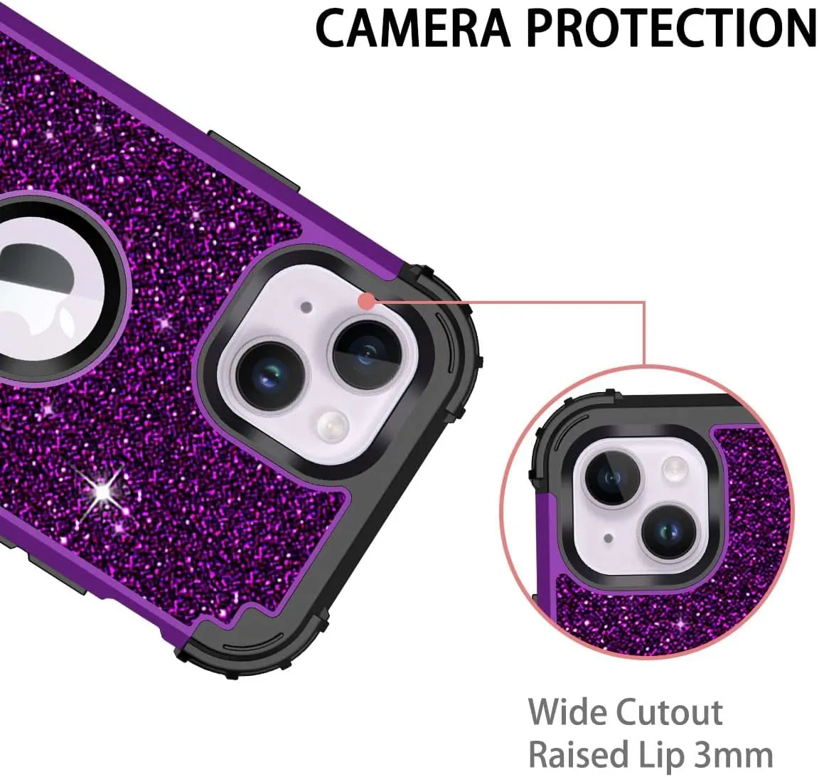 iPhone 14 Case Glitter Shockproof Heavy Duty Hybrid Sturdy Impact Protective Cover Case Purple Black