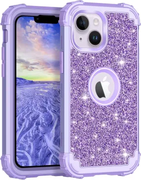 iPhone 14 Case Glitter Shockproof Heavy Duty Hybrid Sturdy Impact Protective Cover Case Purple Black