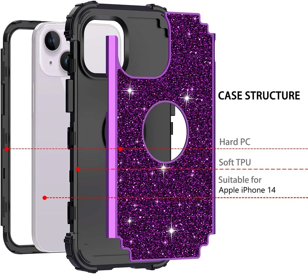 iPhone 14 Case Glitter Shockproof Heavy Duty Hybrid Sturdy Impact Protective Cover Case Purple Black