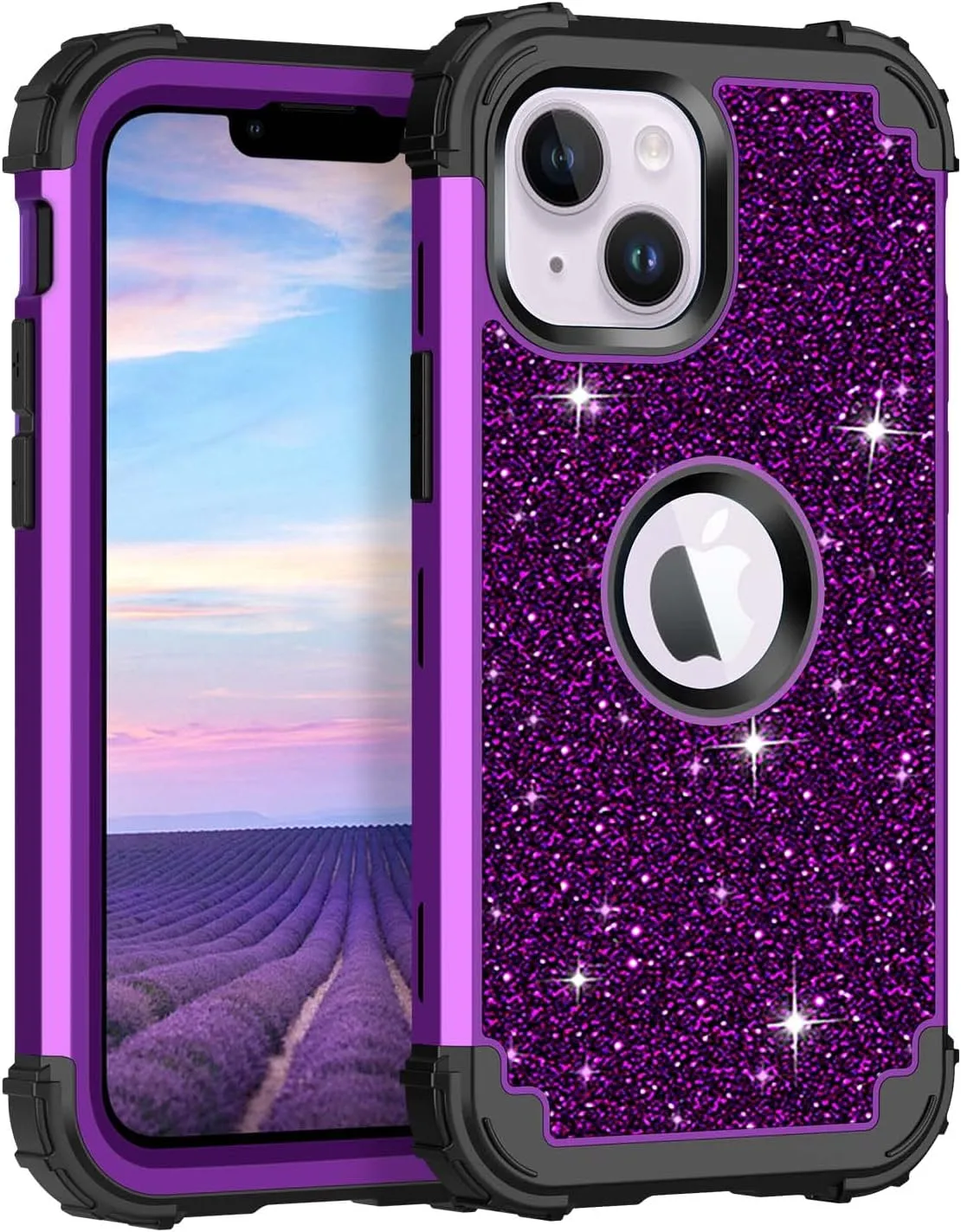 iPhone 14 Case Glitter Shockproof Heavy Duty Hybrid Sturdy Impact Protective Cover Case Purple Black