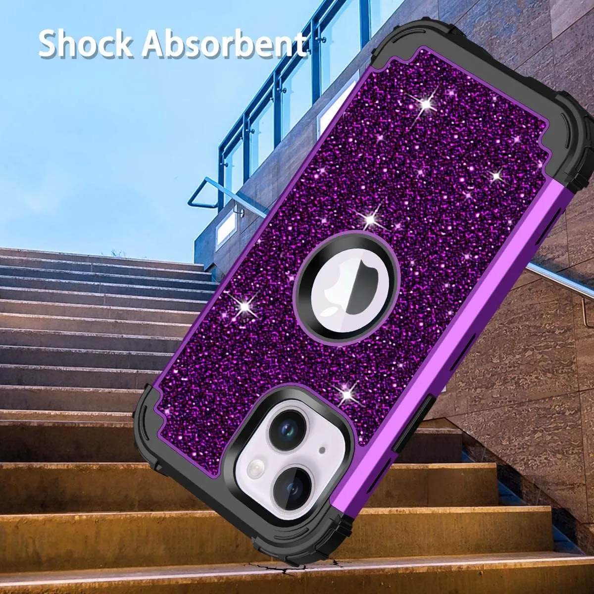 iPhone 14 Case Glitter Shockproof Heavy Duty Hybrid Sturdy Impact Protective Cover Case Purple Black