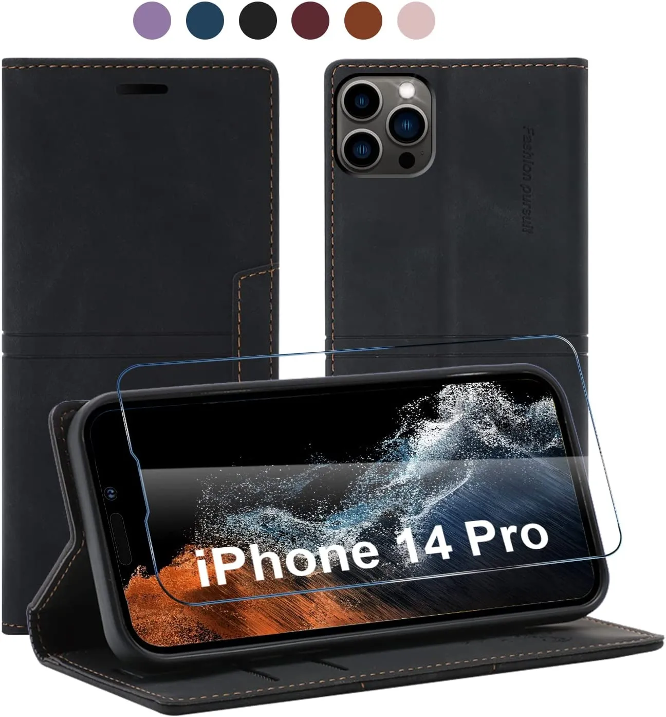 iPhone 14 Pro Cowhide Leather Wallet Kickstand Protective Business flip Cover Black