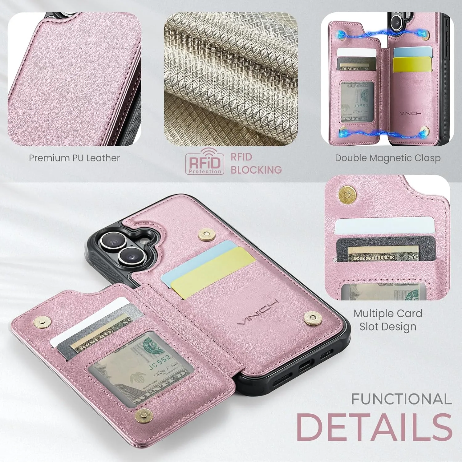 iPhone 16 6.1" Wallet Case Card Holder RFID Blocking Phone Case