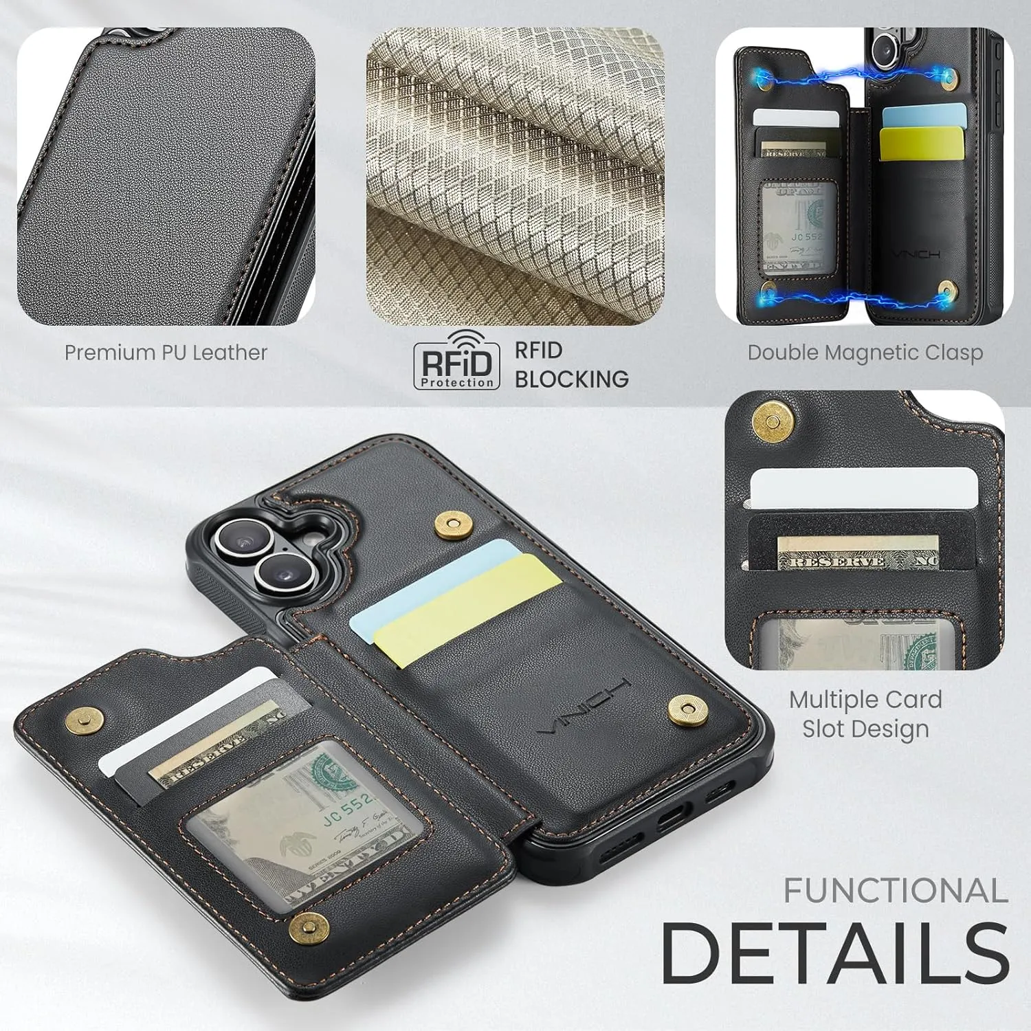 iPhone 16 6.1" Wallet Case Card Holder RFID Blocking Phone Case