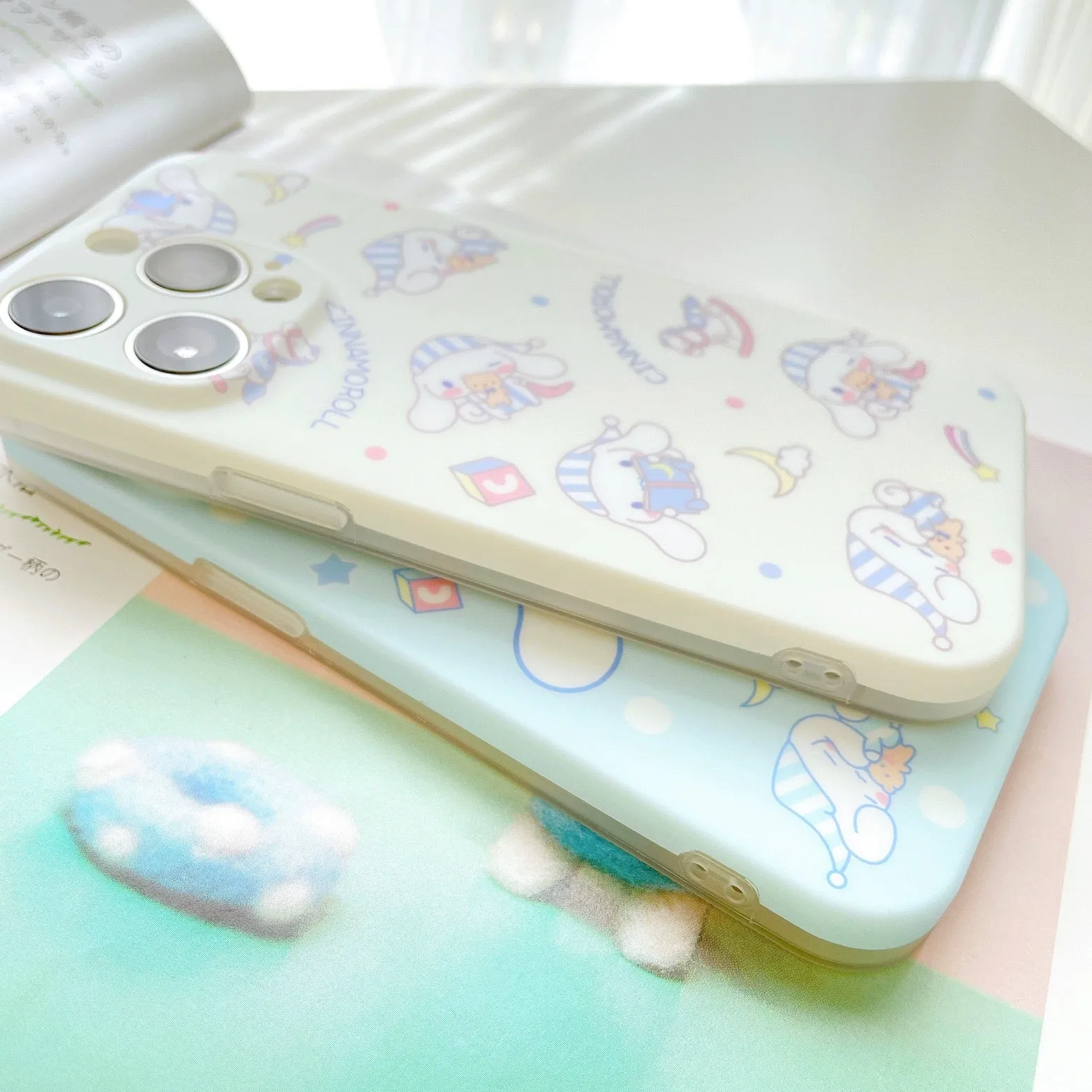 Japanese Cartoon Cinnamoroll Pajamas Matt White Blue iPhone Case 12 13 14 15 Pro Promax