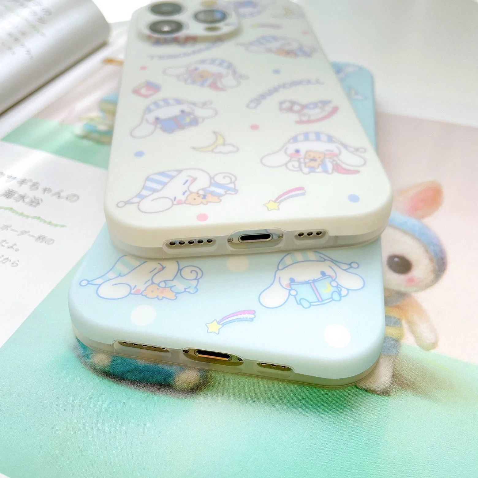 Japanese Cartoon Cinnamoroll Pajamas Matt White Blue iPhone Case 12 13 14 15 Pro Promax