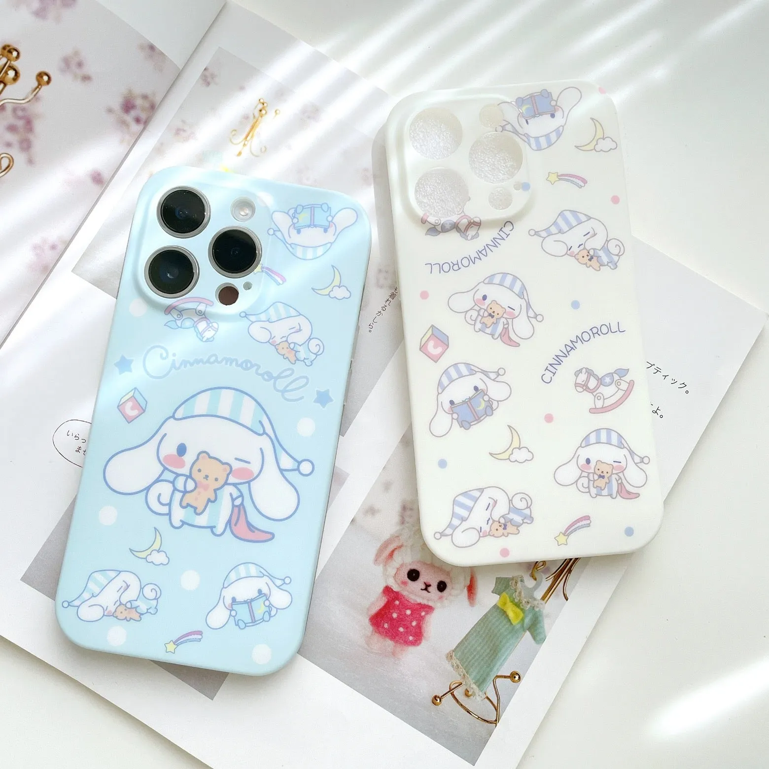 Japanese Cartoon Cinnamoroll Pajamas Matt White Blue iPhone Case 12 13 14 15 Pro Promax