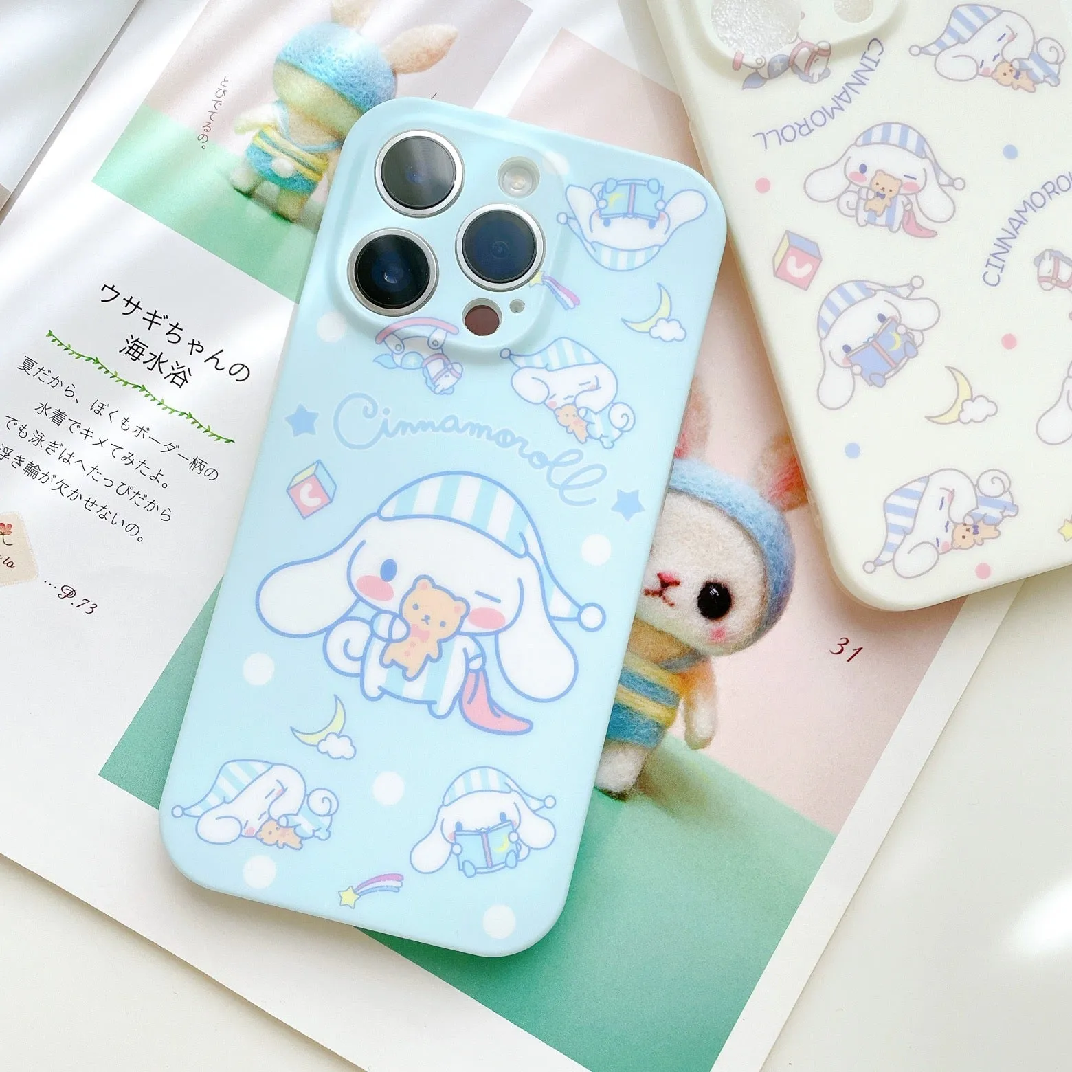 Japanese Cartoon Cinnamoroll Pajamas Matt White Blue iPhone Case 12 13 14 15 Pro Promax