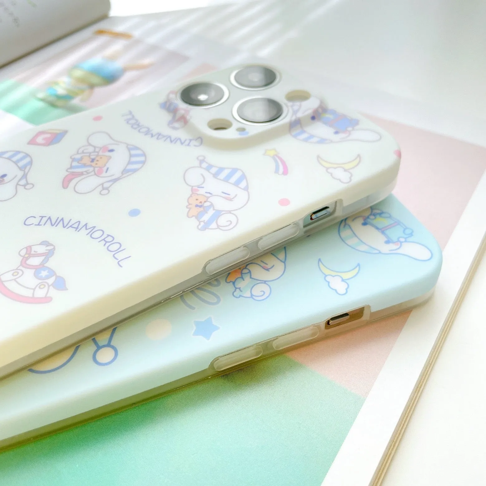 Japanese Cartoon Cinnamoroll Pajamas Matt White Blue iPhone Case 12 13 14 15 Pro Promax