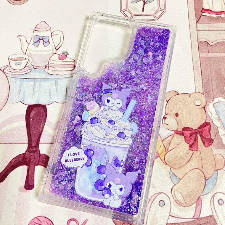 Japanese Cartoon Kuromi Blueberry Ice Cream - Purple Glitter QuickSand iPhone Case 6 7 8 PLUS SE2 XS XR X 11 12 13 14 15 Pro Promax 12mini 13mini