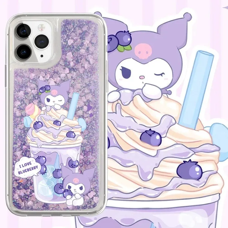 Japanese Cartoon Kuromi Blueberry Ice Cream - Purple Glitter QuickSand iPhone Case 6 7 8 PLUS SE2 XS XR X 11 12 13 14 15 Pro Promax 12mini 13mini